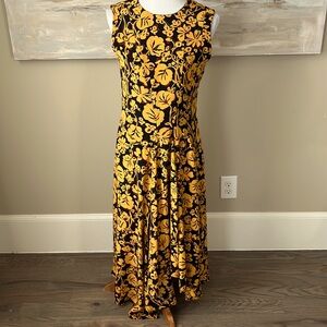 Kenzo Paris golden yellow/black floral print dress with handkerchief hem